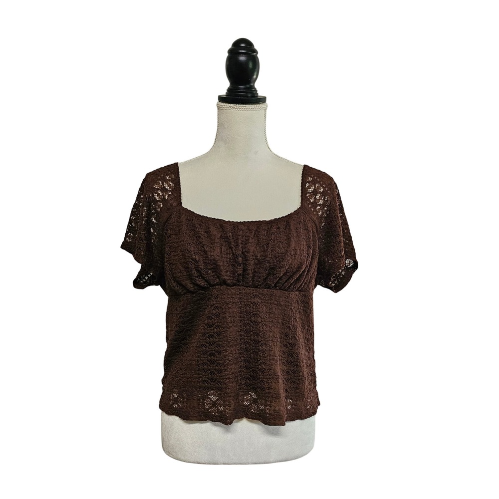 Brown Crochet Babydoll Square Neck Cropped Top Size XXL Earthy Grunge Hippie
